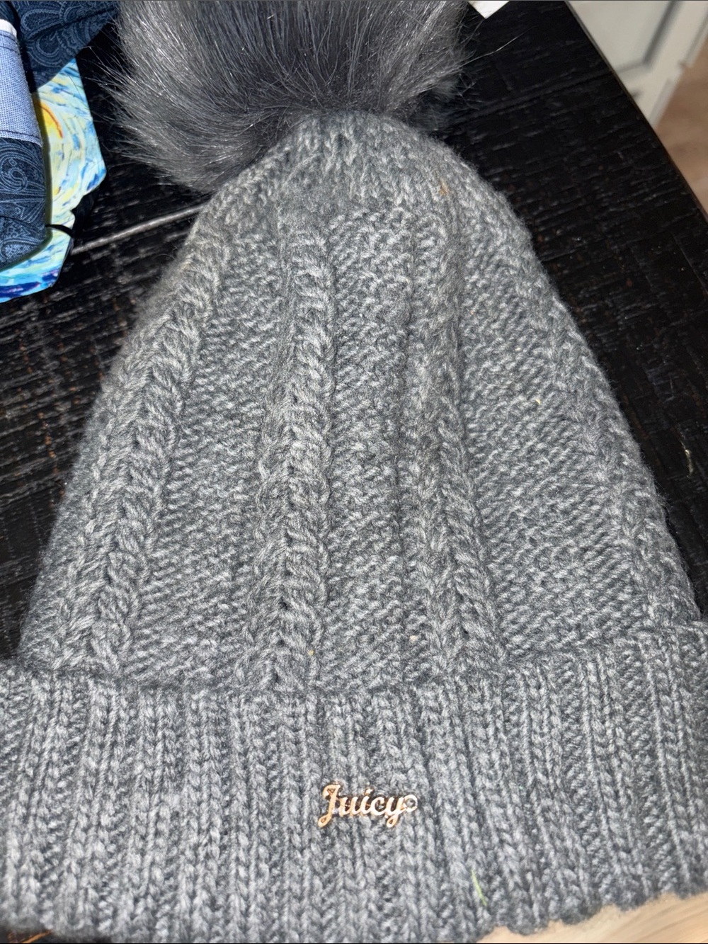 Juicy Couture Charcoal Gray Knit Beanie with Pom